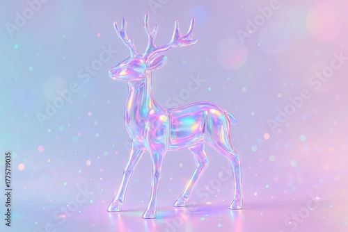 Iridescent crystal reindeer illustration with subtle sparkle on pastel background. concept of ethereal winter decor, magical holiday art, elegant seasonal ornament