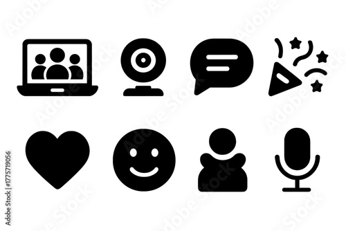 Video Call Icon Set. Video call party. Filled icon set of video call party: laptop, webcam, group of people,