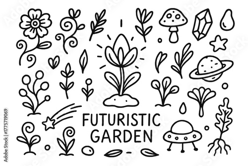 Futuristic Alien Flora. Alien plants and futuristic gardens. Hand-drawn doodle illustration of alien plants