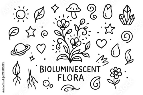 Bioluminescent Flora Doodles. Bioluminescent plants. Hand-drawn doodle illustration of bioluminescent plants.
