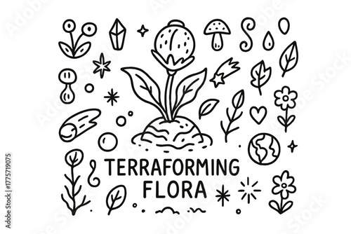 Terraforming Flora Doodles. Terraforming plants. Hand-drawn doodle illustration of terraforming plants. In the