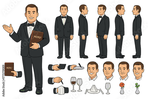 Maître D’ Character Design. Cartoon realistic vector illustration, Character constructor style, isolated