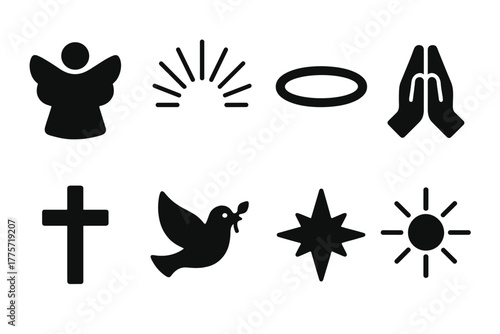 Miracles Icon Set. Miracles. Filled icon set of miracles: angel, light rays, halo, praying hands, cross, dove,
