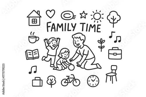 Family Time Doodle. Family time. Hand-drawn doodle illustration of family time. In the middle, one slightly