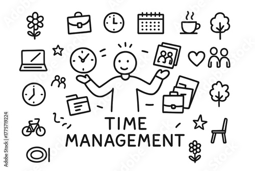 Juggling Life's Priorities. Time management. Hand-drawn doodle illustration of time management. In the middle,