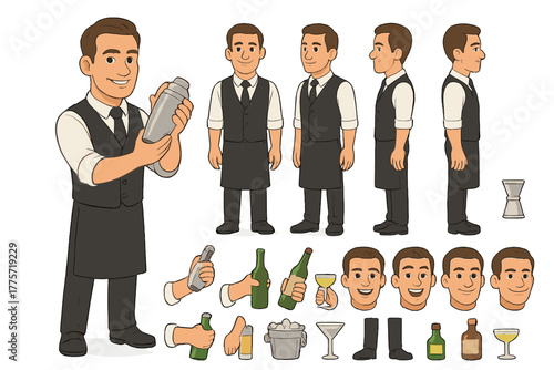 Bartender Character Constructor. Cartoon realistic vector illustration, Character constructor style, isolated