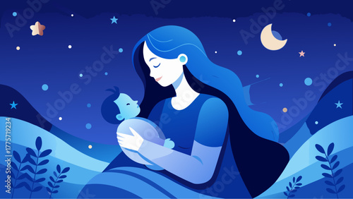 Loving mother holding baby in peaceful night scene with moon, stars, and blue-toned nature background