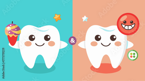Two cute cartoon teeth on split background showing good and bad oral hygiene with food and bacteria icons