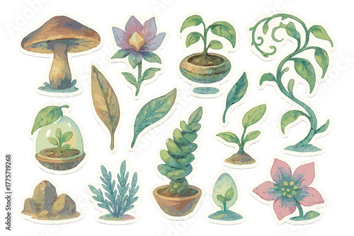 Futuristic Garden Stickers. Alien plants and futuristic gardens. Realistic hand-painted watercolor style