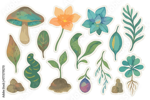 Bioluminescent Garden Stickers. Bioluminescent garden. Realistic hand-painted watercolor style sticker sheet