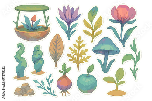 Alien Botanical Stickers. Alien botanical garden. Realistic hand-painted watercolor style sticker sheet of