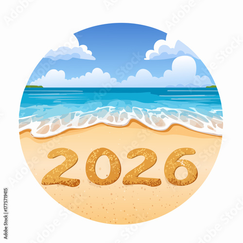 Circular image of a beach scene with the year 2026 written in sand, ocean waves, and distant islands under a cloudy sky
