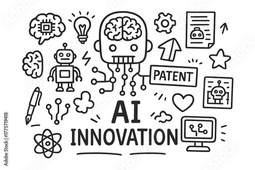 AI Inventions Doodle. AI inventions. Hand-drawn doodle illustration of AI inventions. In the middle, one