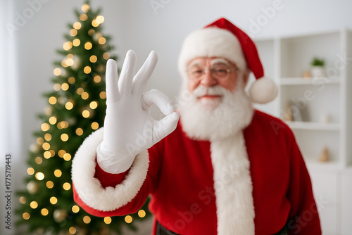 Wallpaper Mural Santa claus giving an ok gesture in front of a decorated christmas tree indoors. concept of holiday cheer, festive spirit, christmas celebration Torontodigital.ca