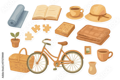 Mindful Leisure Essentials. Mindful leisure items. Realistic hand-painted watercolor style sticker sheet of