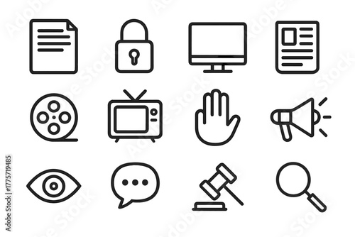 Restricted Content Icons. Restricted content. Line outline icon set of restricted content: redacted document,