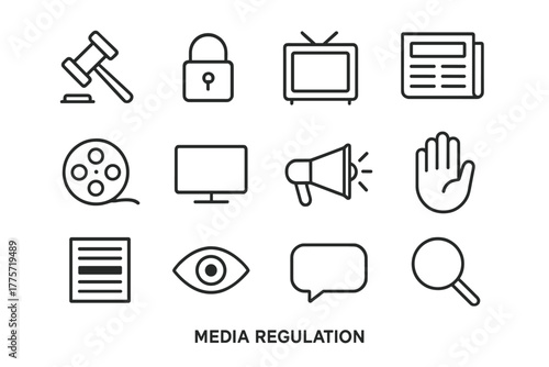 Media Regulation Icons. Media regulation. Line outline icon set of media regulation: gavel, lock, television,