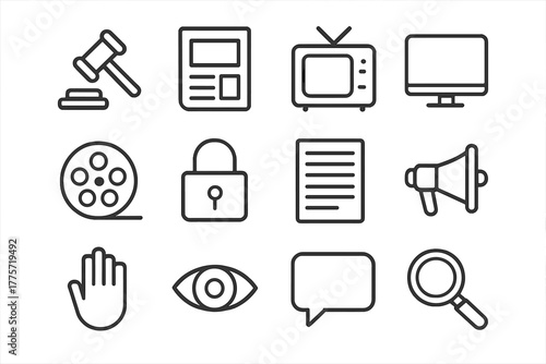 Media Oversight Icons. Media oversight. Line outline icon set of media oversight: gavel, newspaper, television