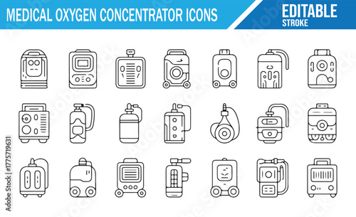 Medical Oxygen Tank and Concentrator Icons – Editable Stroke Vector Set for Patient Care