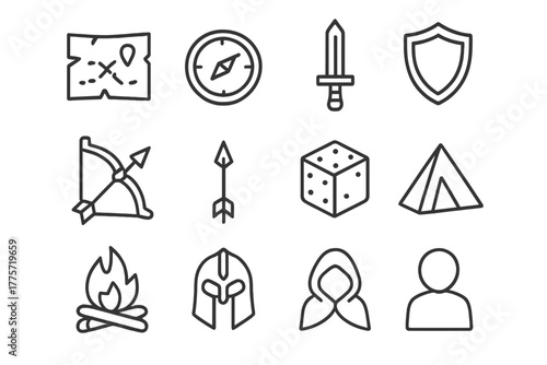 Adventure Game Icons. Adventure game. Line outline icon set of adventure game: map, compass, sword, shield,