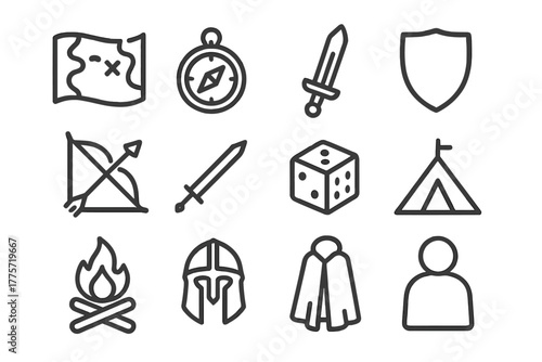 Fantasy Game Icons. Live-action game. Line outline icon set of live-action game: map, compass, sword, shield,