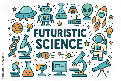 Futuristic Science Doodle. Futuristic Science. Hand-drawn doodle illustration of futuristic science. Spaceship