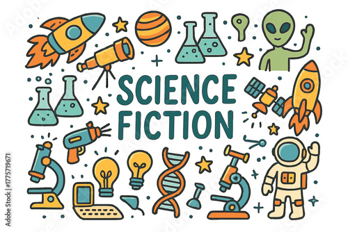 Colorful Sci-Fi Doodle. Science Fiction. Hand-drawn doodle illustration of science fiction. Spaceship, robot,