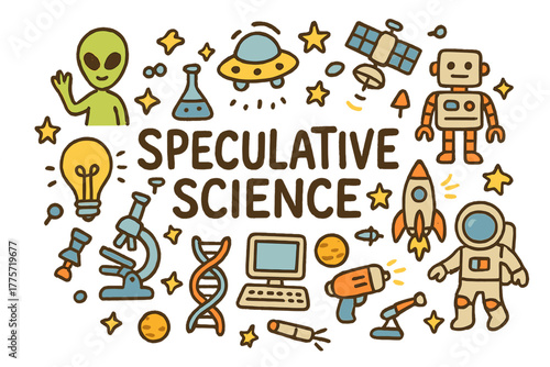 Speculative Science Collage. Speculative Science. Hand-drawn doodle illustration of speculative science. Alien