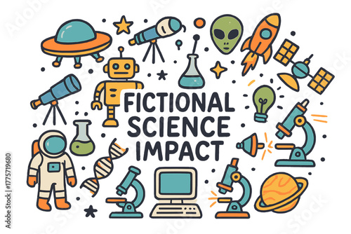Fictional Science Icons. Fictional Science Impact. Hand-drawn doodle illustration of fictional science impact.