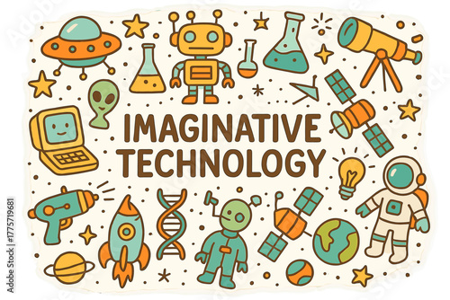Imaginative Tech Illustration. Imaginative Technology. Hand-drawn doodle illustration of imaginative