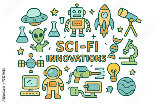 Sci-Fi Innovation Doodles. Sci-Fi Innovations. Hand-drawn doodle illustration of sci-fi innovations. Spaceship