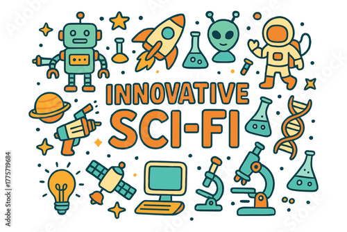 Innovative Sci-Fi Doodles. Innovative Sci-Fi. Hand-drawn doodle illustration of innovative sci-fi. Robot,