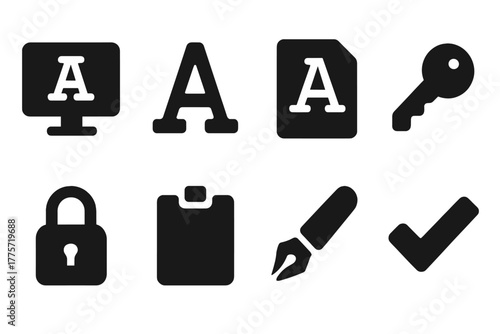 Software Font Icons. Software fonts. Filled icon set of software fonts: computer screen, font glyph, document,