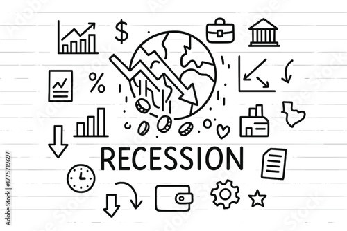 Global Recession Sketch. Global recession. Hand-drawn doodle illustration of global recession. In the middle,
