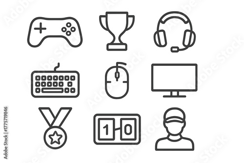 Gaming Competition Icons. Gaming competitions. Line outline icon set of gaming competitions: game controller,