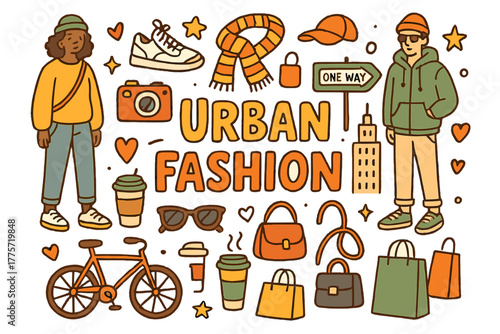 Urban Fashion Doodles. Urban Fashion. Hand-drawn doodle illustration of urban fashion. Models, sneakers,