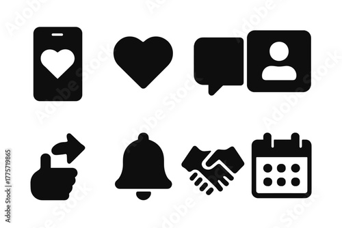 Matchmaking App Icons. Matchmaking apps. Filled icon set of matchmaking apps: smartphone, heart, chat bubble,