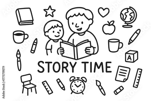 Story Time Doodles. Storytelling. Hand-drawn doodle illustration of storytelling. In the middle, one slightly