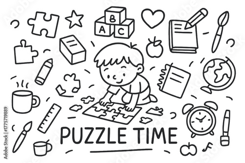Puzzle Time Doodles. Puzzle games. Hand-drawn doodle illustration of puzzle games. In the middle, one slightly