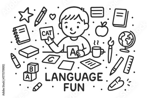 Language Learning Doodles. Language games. Hand-drawn doodle illustration of language games. In the middle,