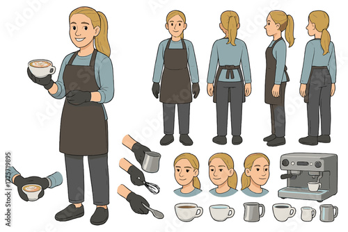 Latte Artist Avatar. Cartoon realistic vector illustration, Character constructor style, isolated transparent
