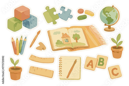 Watercolor Play Stickers. Indoor play-based learning. Realistic hand-painted watercolor style sticker sheet of