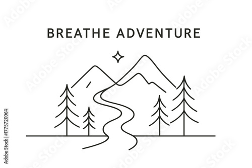 Minimalist Mountain Trail. Breathe Adventure. minimalistic one-line drawing of a mountain trail with pine