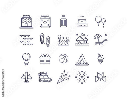 Holiday & Vacation Line Icon Set Travel, Celebration, and Summer Vector Collection
