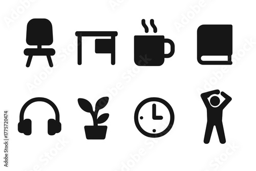 Workday Essentials Icons. Workday recharge. Filled icon set of workday recharge: chair, desk, cup, book,