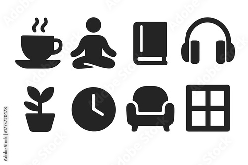 Recharging Icons Set. Recharging routines. Filled icon set of recharging routines: cup of tea, meditation pose