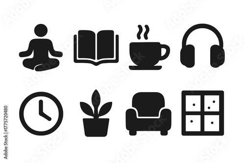 Mind Reset Icons. Mind reset. Filled icon set of mind reset: meditation pose, book, cup, headphones, clock,