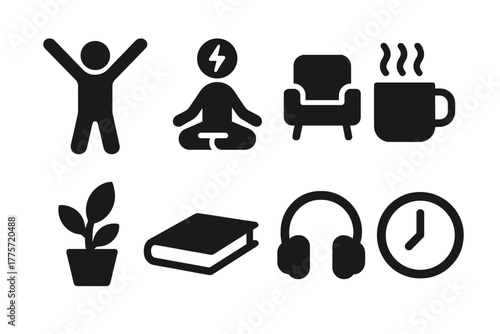 Mental Recharge Icons. Mental recharge. Filled icon set of mental recharge: person stretching, meditation,