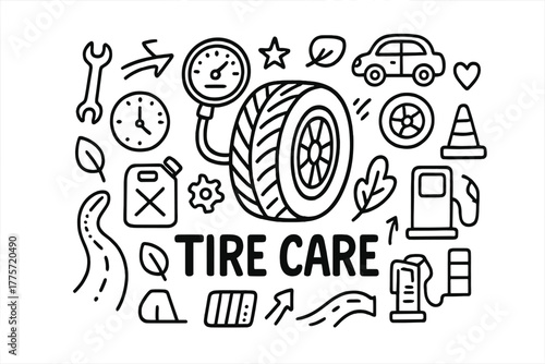 Tire Care Doodle. Tire care. Hand-drawn doodle illustration of tire care. In the middle, one slightly larger