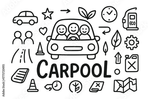 Doodle Carpooling Illustration. Carpooling. Hand-drawn doodle illustration of carpooling. In the middle, one